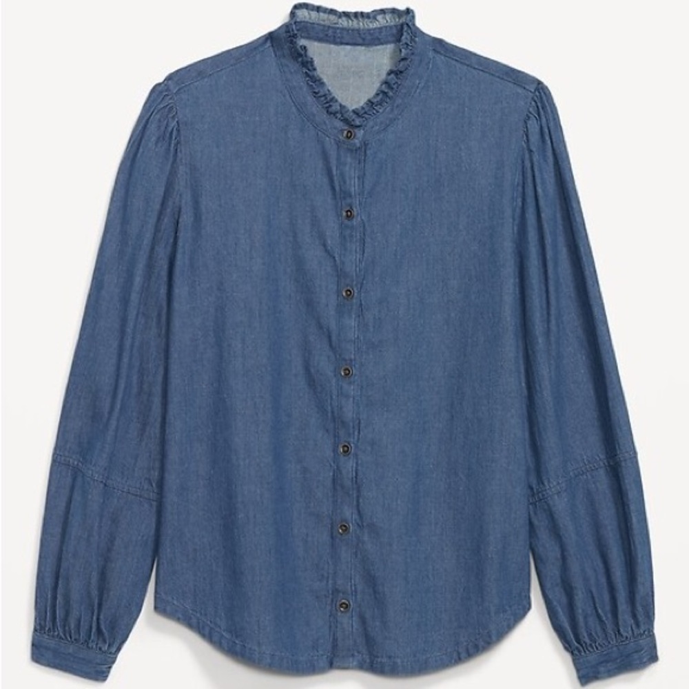 Old Navy Ruffled Denim Button‎ Down Top Sz M Tall EUC